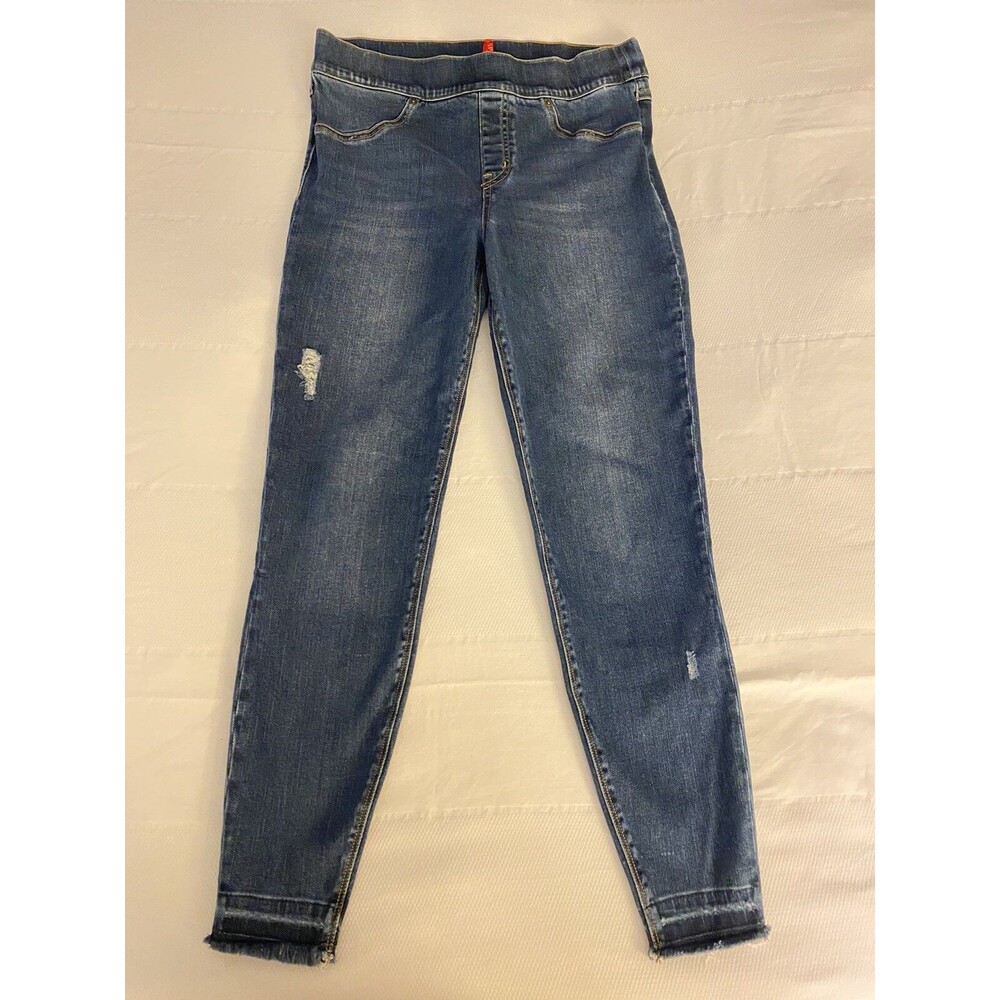 Spanx Distressed Ankle Skinny Jeans Raw Hem Medium Wash Women's Size Medium